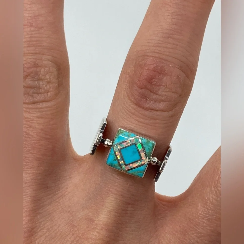 Vtg Navajo Sterling Turquoise & Opal Wide Modernist Style Ring Sz 7.5 Ann Curley - Picture 10 of 13